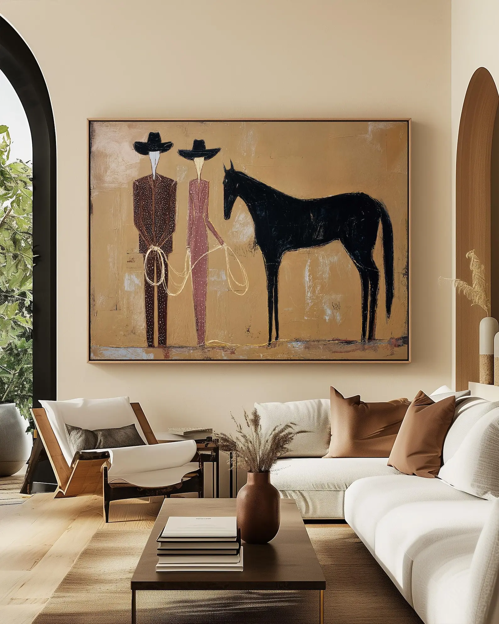 Canvas_36x24 - Cowboy Horse Canvas Print, Abstract Figurative Western Wall Art, Neutral Japandi Canvas Poster, Oversized Cowboy Horse Printed Canvas, Modern Western Home Decor 1228