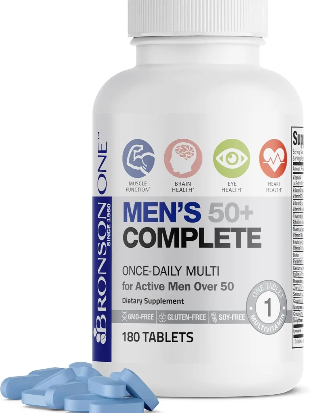 Bronson ONE Daily Mens 50+ Complete Multivitamin Multimineral, 180 Tablets | Once-Daily, Targeted Nutrition For Active Men Over 50, Non-GMO, Gluten-Free, Soy-Free