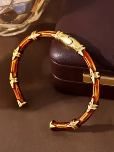 Hand-Painted Copper Bamboo Tea Color Bracelet, Open-End Design, Plated 18k Gold Finish, Long-Lasting Beauty, Style Jewelry