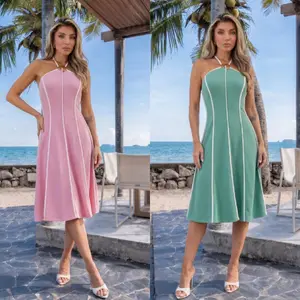 LOOSE HALTER NECK MIDI DRESS - CRESCENT STONE DETAIL - ADJUSTABLE TIE STRAPS AROUND NECK - STRING STRIPED PATTERN ON DRESS - ZIPPER ON THE BACK