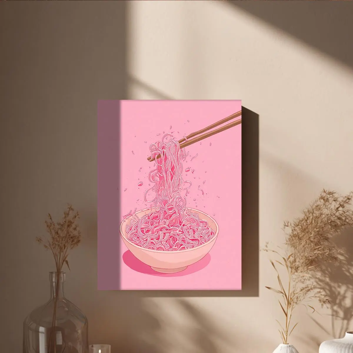 2D FLAT 1-piece pink noodle art poster - Minimalist Japanese ramen bowl canvas print, modern kitchen decoration, chopsticks, pink noodle soup design - Suitable for home, office, dormitory, cafe - Perfect for Valentine's Day, New Year's gift, wedding, Carn