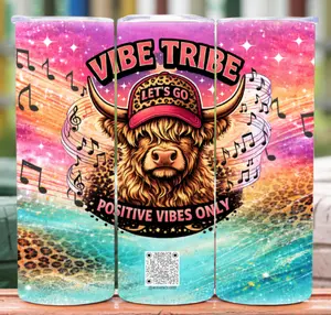 Vibe Tribe Positive Vibes Tumbler | Highland Cow Music Cup | TikTok Live Engagement Room Support | 20oz 30oz 40oz Stainless Steel