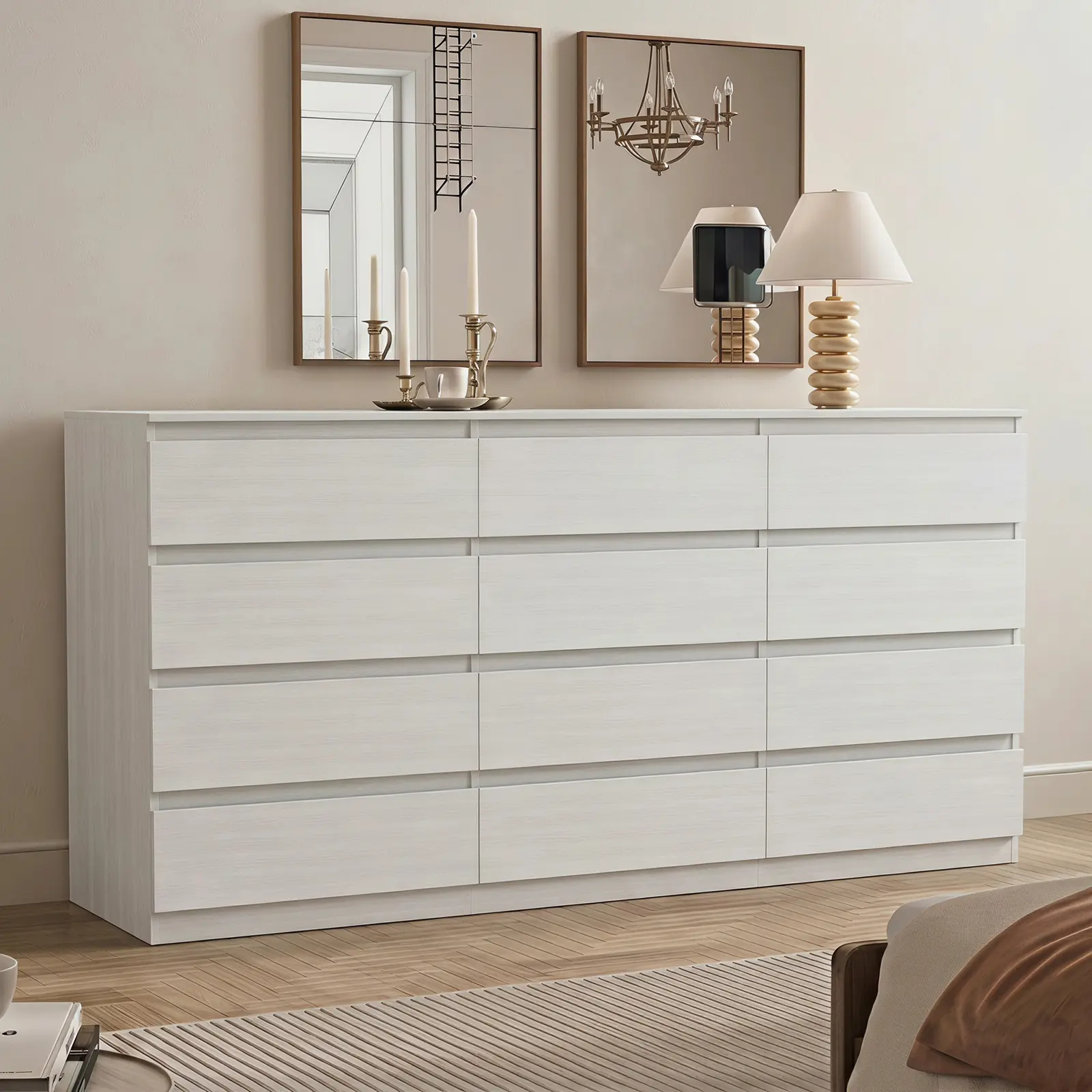 12-Drawer Particle Board Dresser - White Minimalist Drawer Chest Organizer with Sturdy Base, Handle-Free Design, Large Capacity Storage for Bedroom, Dressing Room, Assembly Required