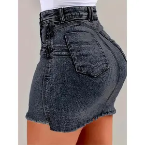 Women's Slim Fit Skinny Denim Skirt - Medium Stretch Summer Skirt, with Frayed Edges and Button Details, Solid Color Casual Womenswear Bottom
