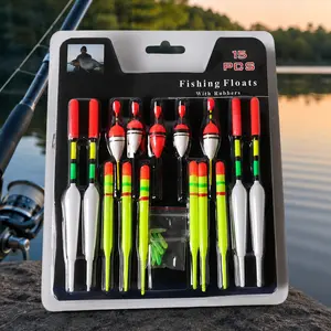 Professional Fishing Float Kit Set 15pcs Multi-Size for Boat Rock Fishing with Rubber Lures Lead Weights Accessories Freshwater Saltwater Universal High Sensitivity Gear Upgrade Combo