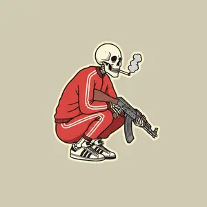 Skeleton in Red Tracksuit Sticker, AK Rifle, Slavic Meme Aesthetic, Funny Gangster Skeleton Decal