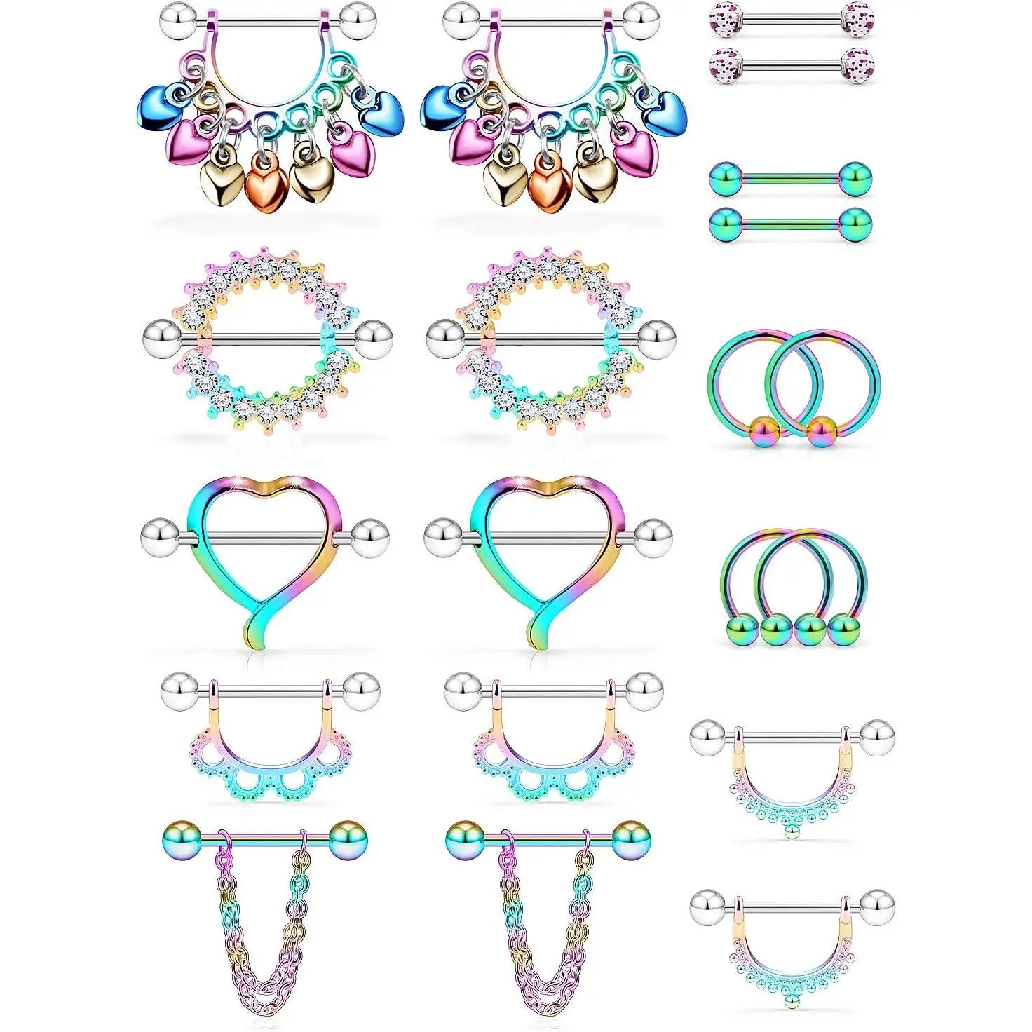 20 count Nipple Ring 14G Surgical Steel Tongue Nipplerings Barbell Bar Hoop Rings Retainer CZ Heart Chain Dangle Nipple   for Women Men 14MM (9/16 Inch)