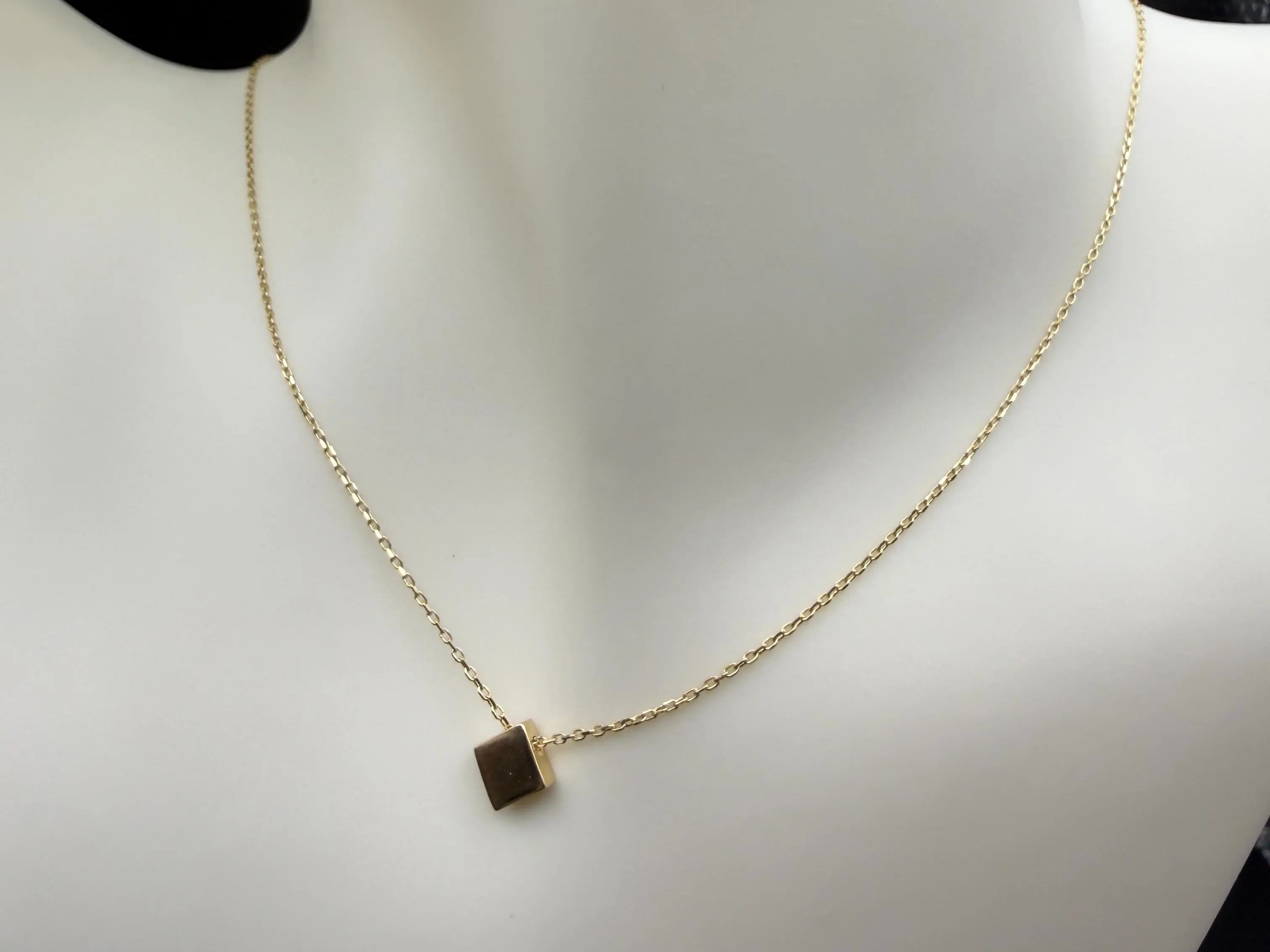 Dainty 14K Solid Gold Necklace with Tiny Square Pendant 16" to 18" with Extension Chain