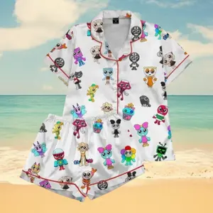 Dandy’s World Silky Pajamas Set, Roblox Dandy World Fan Gift, Dandy’s World Satin Pajamas For Women, Gaming Satin Sleepwear for Adults, Cute Cartoon Gamer Nightwear