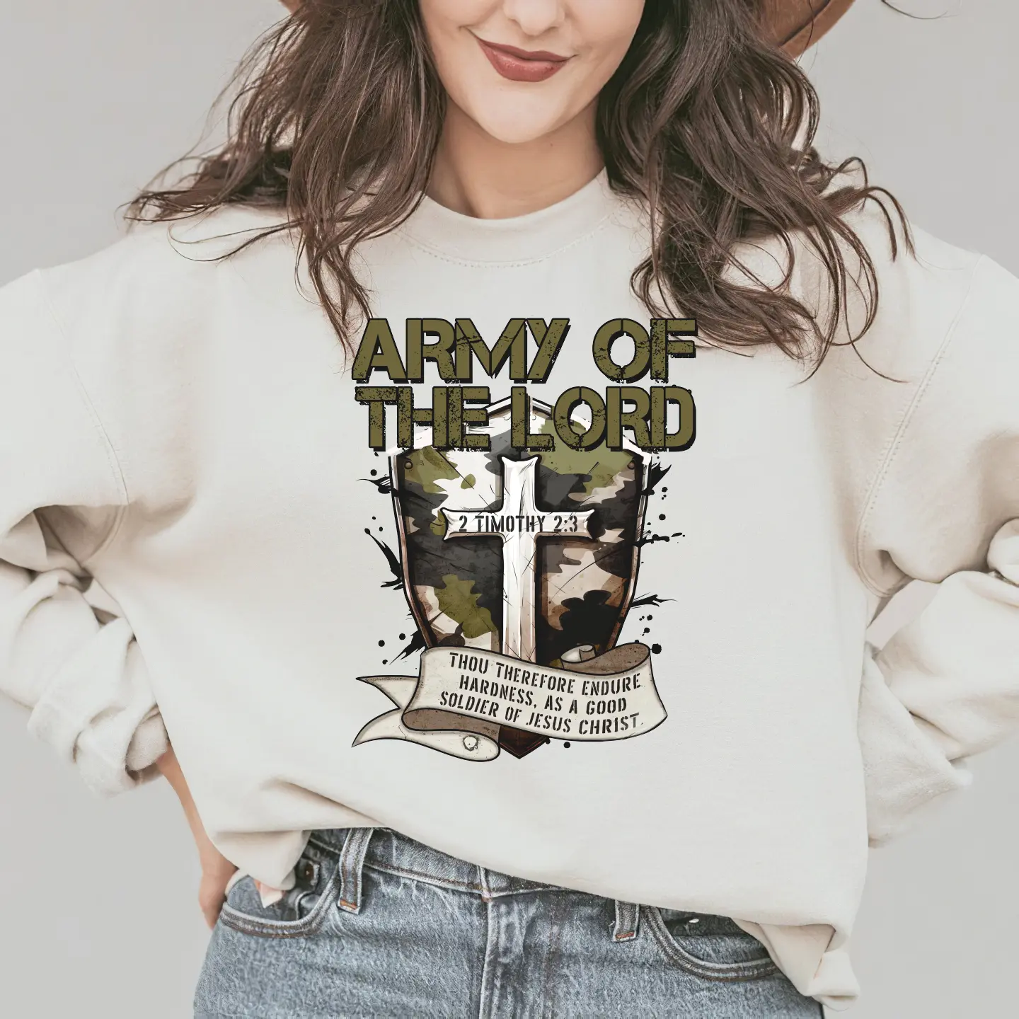 Army Of the Lord, Christian Father Day Sweater Bible Verse, Camo Cross Shield Faith, 2 Timothy 2:3, Thou Therefore Endure Hardness, As A Good Soldier Of Jesus Christ