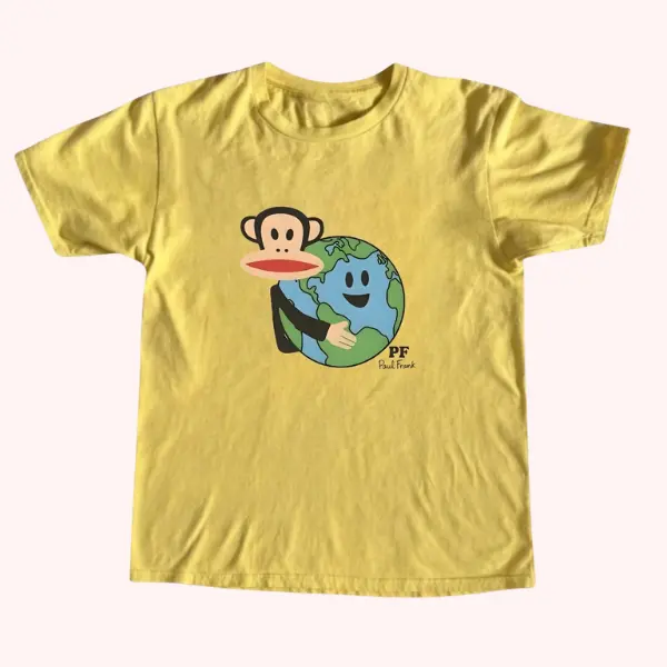 Paul Frank Monkey Hugging Globe Graphic Tee, Vintage Y2K Cartoon Unisex T-Shirt