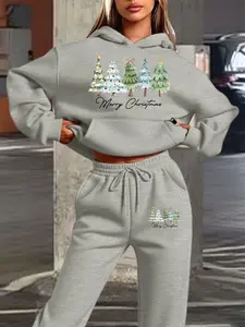 Women's Hooded Sweatshirt Set, Merry Christmas Watercolor Print, Long Sleeve Casual Tracksuit, Fitted Drawstring Design
