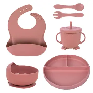 Baby's First Feeding Kit 6 Pcs - BPA-Free Silicone Bowl, Spoon, Bib Set with Super-Stick Suction Base, Easy Clean & Travel Friendly 6+ Months (Mauve Bloom) Silicone Utensils Set