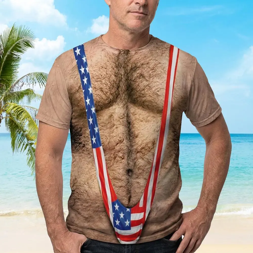 3D Hairy Body Swimsuit HG T-Shirt for Men, Funny Patriotic Mankini Tee,  USA Flag Costume Shirt, 4th of July Gag Gift for Men