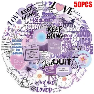 50pcs Purple Positive Motivational Stickers, PET Transparent Material Stickers, DIY Creative Cartoon Decals, Suitable for Decorating Mobile Phones, Tablets, Suitcases, Guitars, Skateboards, Water Bottles and Other Items.