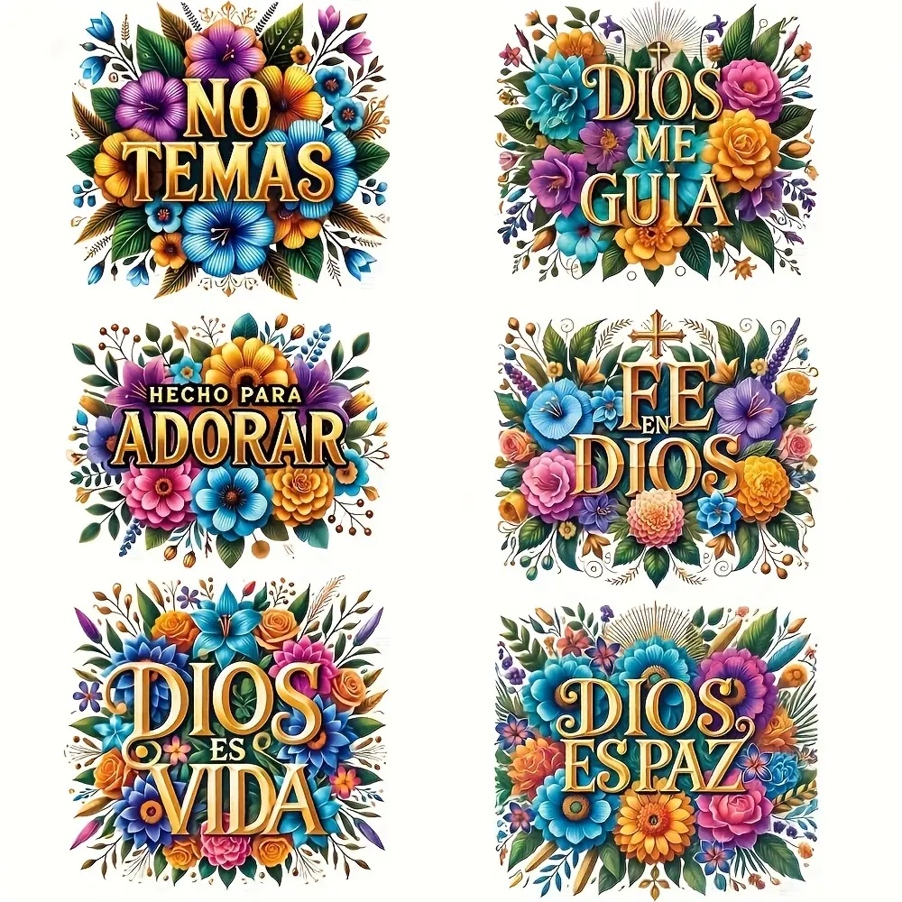 Spanish Bible Verse Iron-On Patches, 6 Floral Designs with Vibrant Touch, Spiritual Bible Info and Scripture, Washable Heat Transfer Stickers for Fabric and Clothing