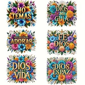 Spanish Bible Verse Iron-On Patches, 6 Floral Designs with Bible Info, Washable Heat Transfer Stickers for Fabric and Clothing