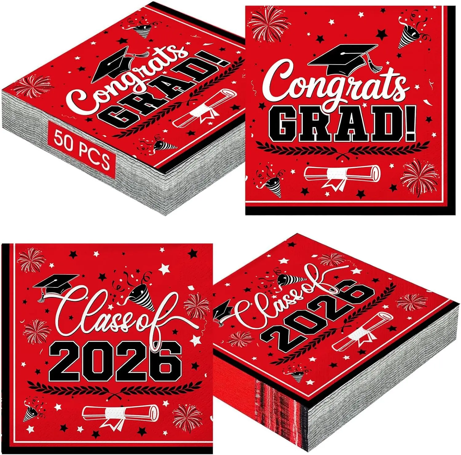 50Pcs Class of 2026 Graduation Napkins, Red Black Congrats Grad Disposable Paper Napkins Set for Graduation Party Supplies Table Decoration