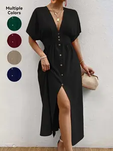 Women's Plain Button Front Short Sleeve Dress, Elegant   Dress for Party Holiday Wedding Guest, Ladies Summer Clothes