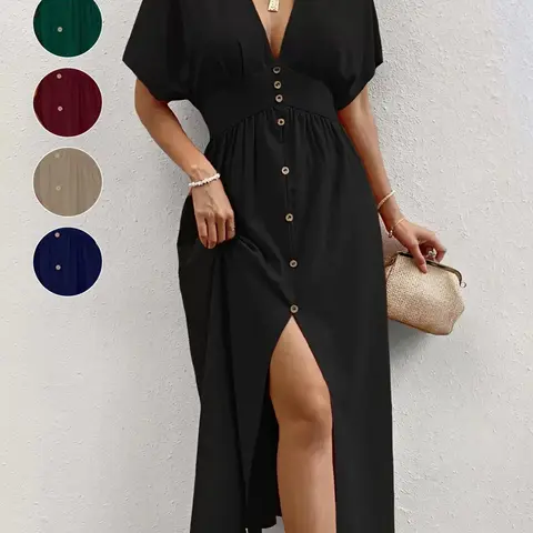 Women's Plain Button Front Short Sleeve Dress, Elegant, Minimalist Piece, Chic Dress for Party Holiday Wedding Guest, Ladies Summer Clothes Womenswear
