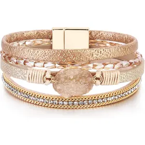 Boho Leather Wrap Bracelets Bohemian Crystal Bracelets Trendy Layered Bracelet with Magnetic Clasp Stackable Jewelry for Women