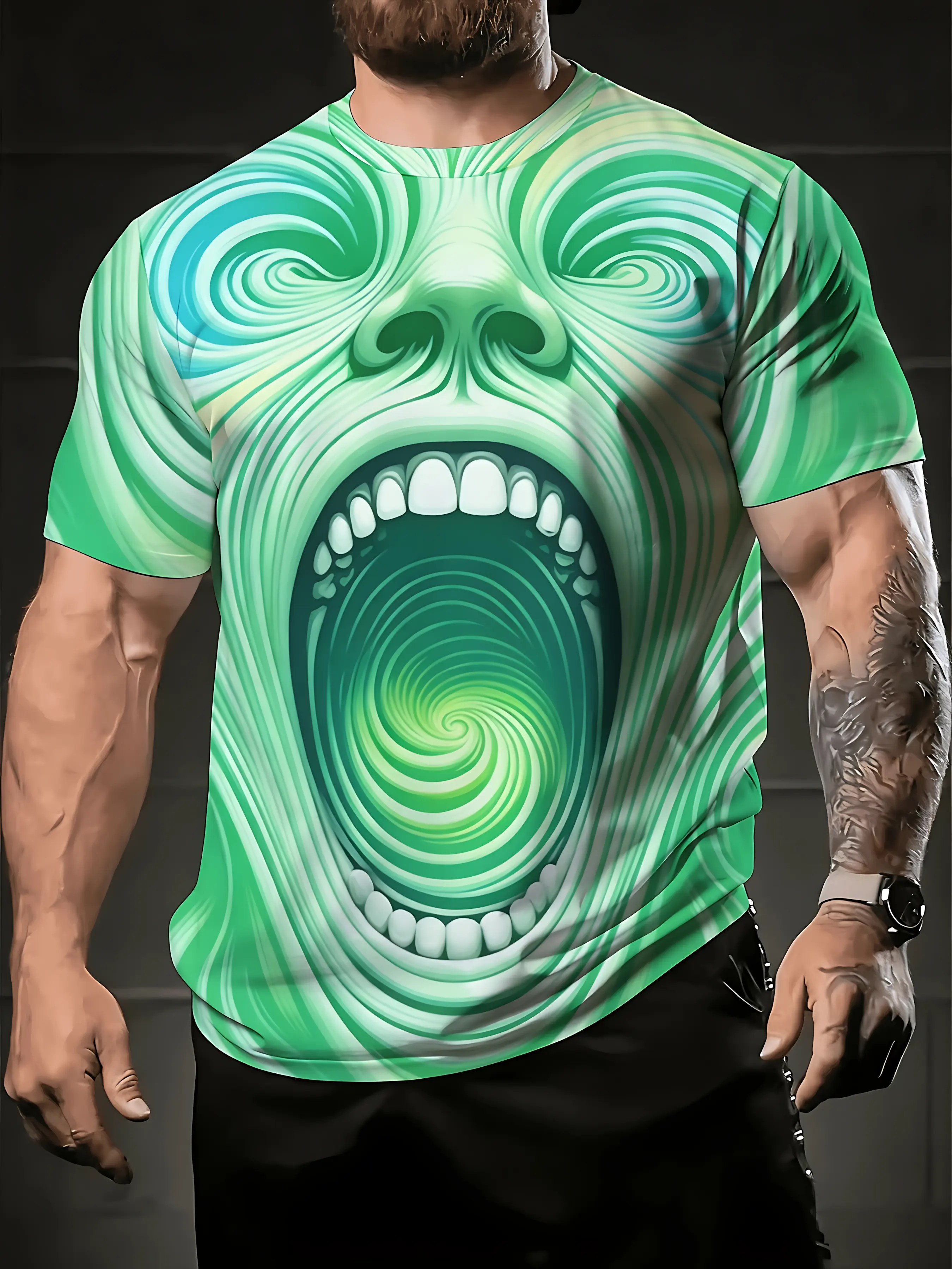 Men'S Full Print Abstract Face T-shirt - Black and White Eye and Mouth Design, H-Version Round Neck Short Sleeve, Casual Summer Wear, 3D Effect (Machine Washable) - Modern Men'S Wear, Suitable for Party and Daily Wear, Men'S T-shirt