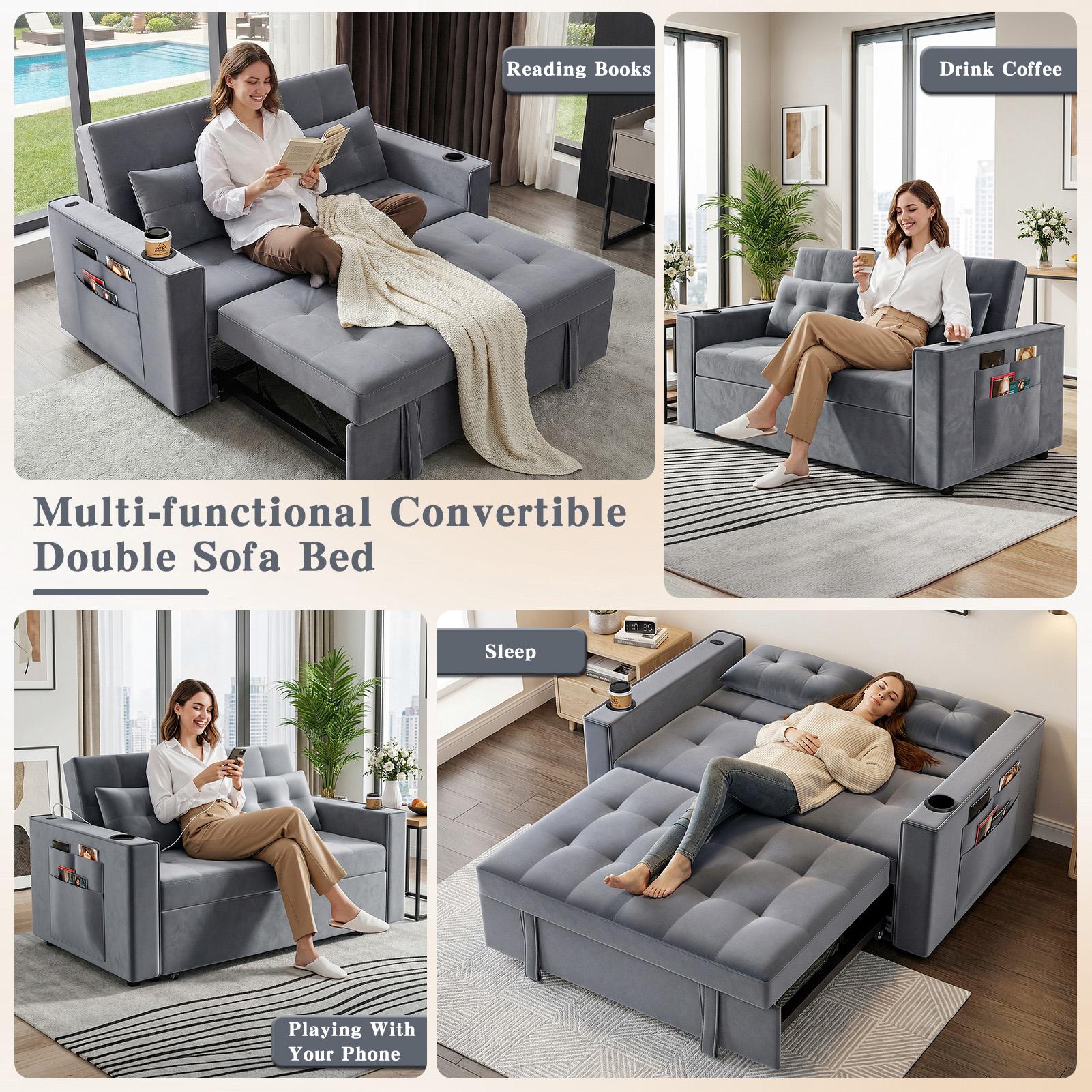 Explorinox 3-in-1 Convertible Sofa Bed Velvet Loveseat Sleeper with Adjustable Backrest Cup Holders Side Pockets USB Ports 2 Pillows Grey for Living Room