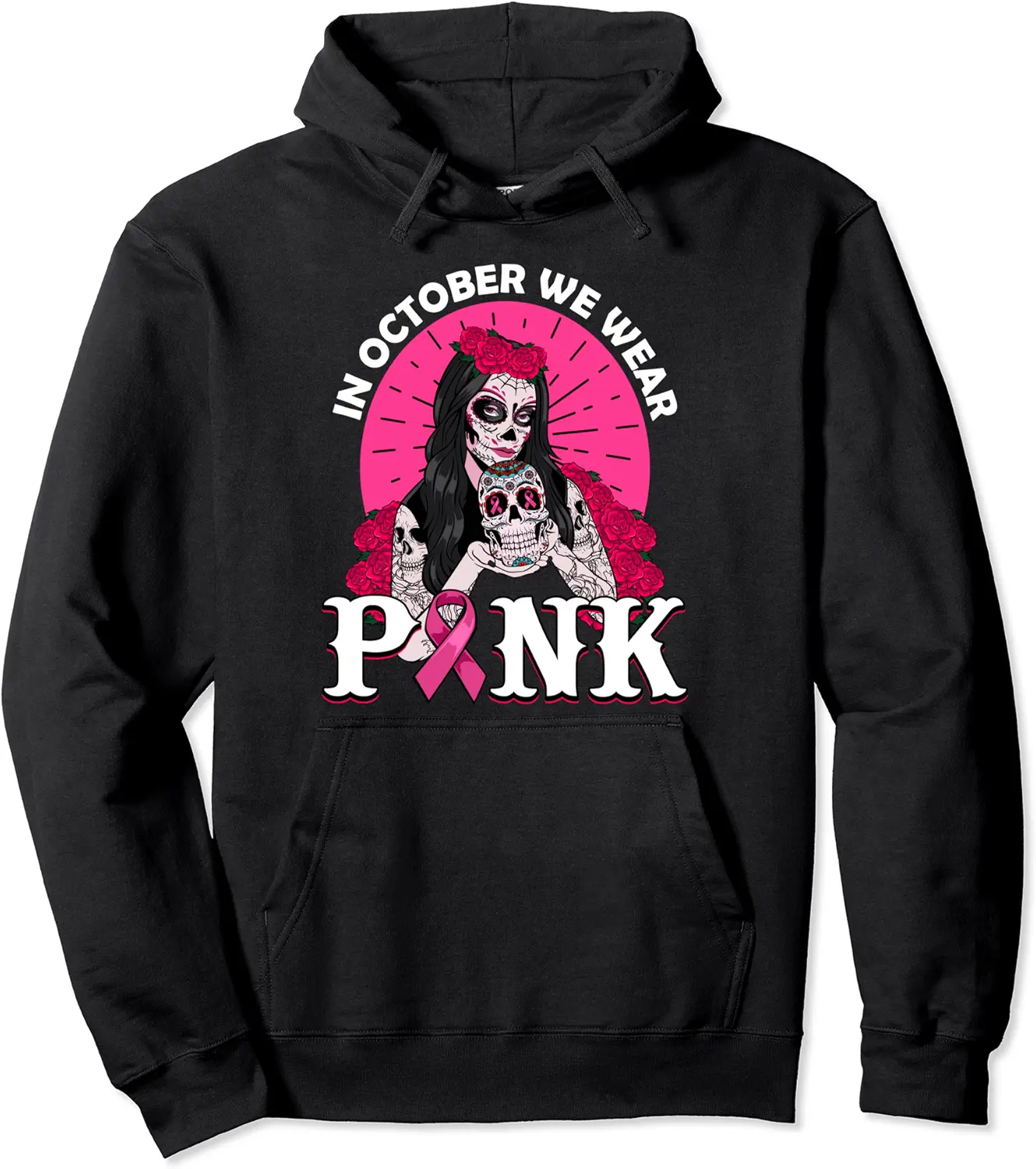 In October We Wear Pink Breast Cancer Awareness Sugar Skull Pullover Hoodie - Emilyschwe Shop 23B0B68L5BV7