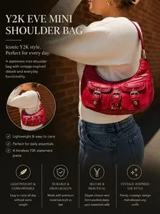 Retro/Y2K Eve Faux Leather Mini Shoulder Bag - Y2K Style, Structured Soft Body, Secure Zip Closure, 9" x 2.5" x 5" Dimensions, Lightweight & Stylish