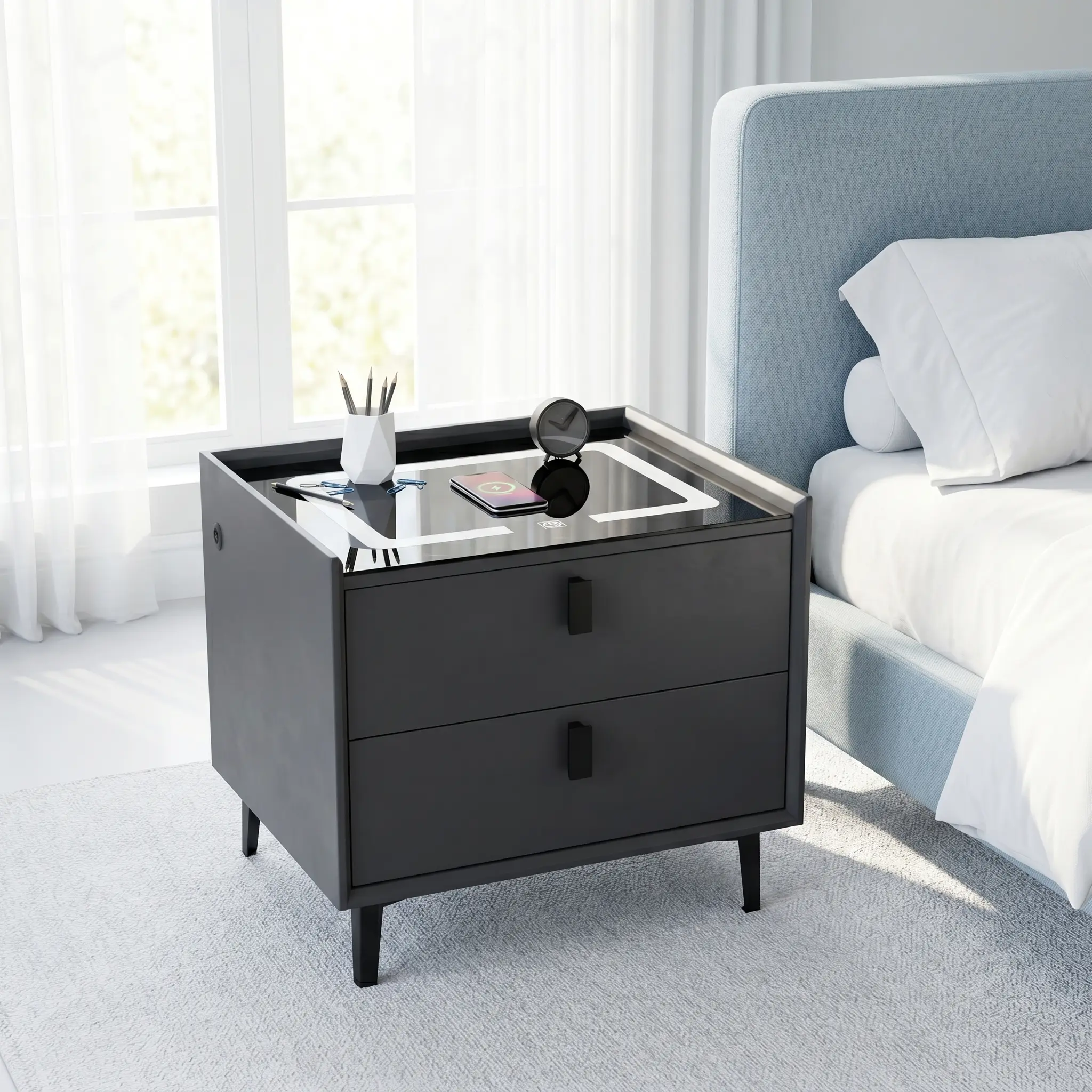 Smart nightstand with wireless and USB charging; 2-drawer bedside cabinet with adjustable 3-color LED lighting; modern storage nightstand suitable for bedroom or living room, dark gray.