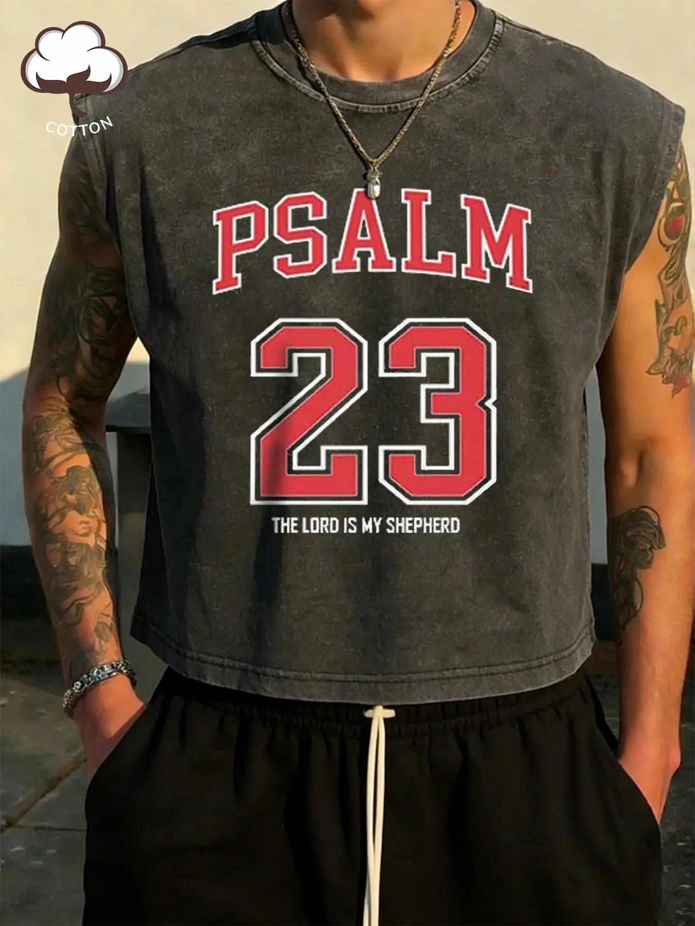 1 Piece Men's Vintage Washed Muscle Tank, Cotton Sleeveless Shirt with Bold Graphic PSALM 23 Print, for Streetwear, Fitness & Christian Community