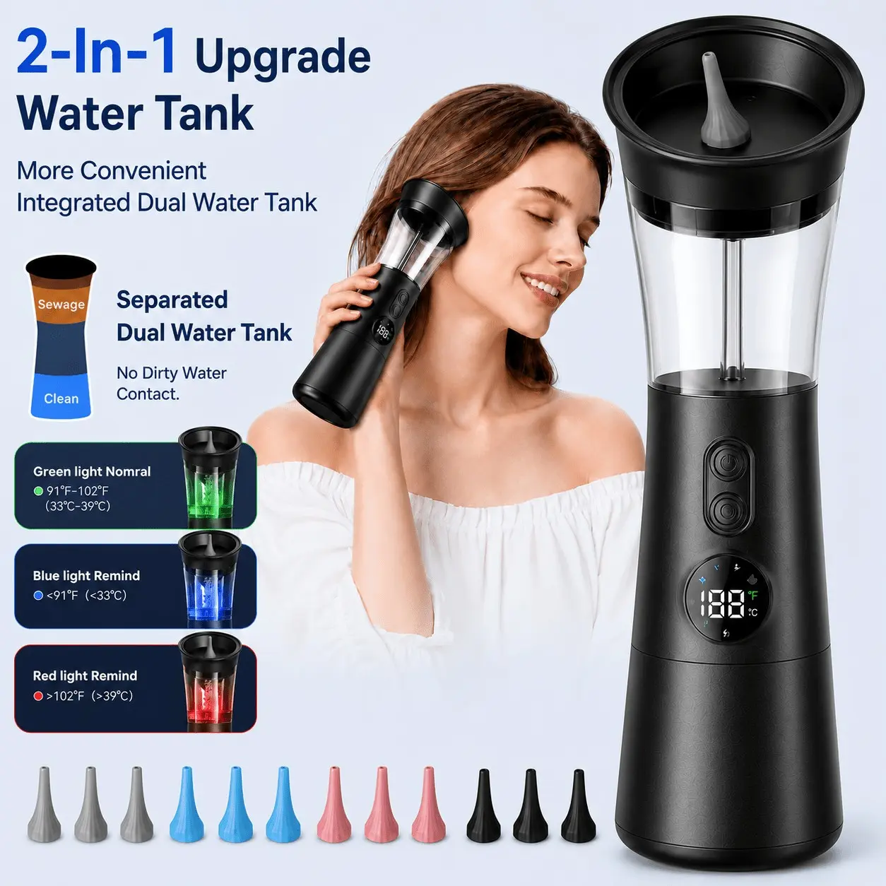 Ear Wax Removal Kit with Water Temperature Sensor, 1pc Waste Tank, Visible Waste Water Tank, 4 Pressure Modes, Rechargeable Ear Irrigation Cleaner for Adults