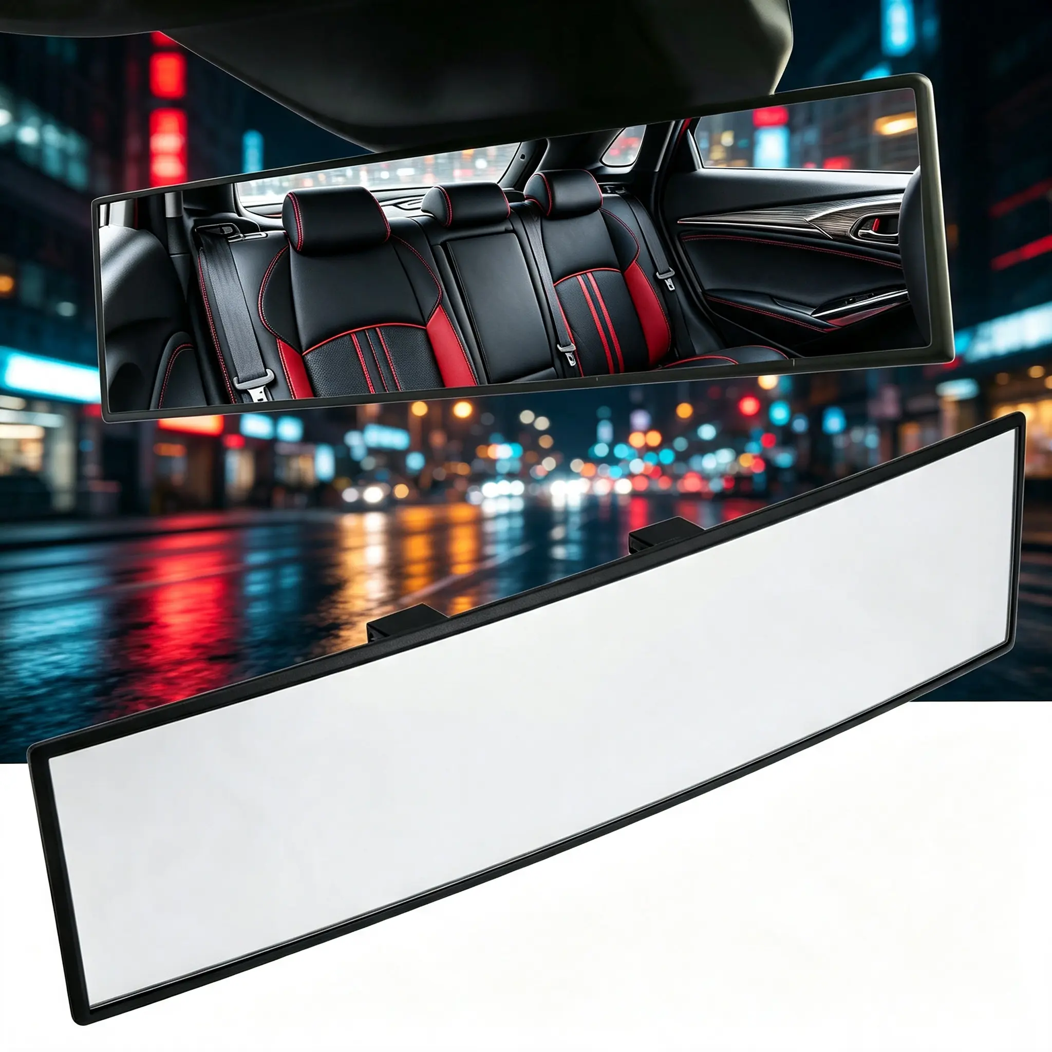 Shock-Resistant Wide-Angle Rear View Mirror, 12" HD Interior Clip-on, Panoramic Safety Mirror for Cars, SUVs, Pickups, and Commercial Vehicles