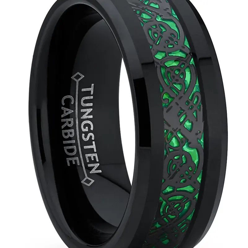Men's 8mm Heavy-Duty Black Plating Tungsten Carbide Dragon Motif Band Ring - Inlaid Green Carbon Fiber Comfort Fit, Artificial Gemstone Wedding Band Ring for Adults, Jewelry Accessories, Band Rings