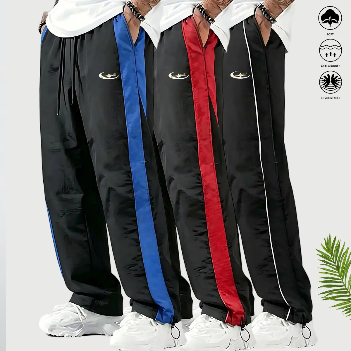 Men's Loose Easy Fit Striped Side Panel Trousers - Colorblock, Letter Print Edge, Drawstring Waist, Elastic Cuff Hold, All-Season Casual Menswear Bottoms, M, Polyester Edit