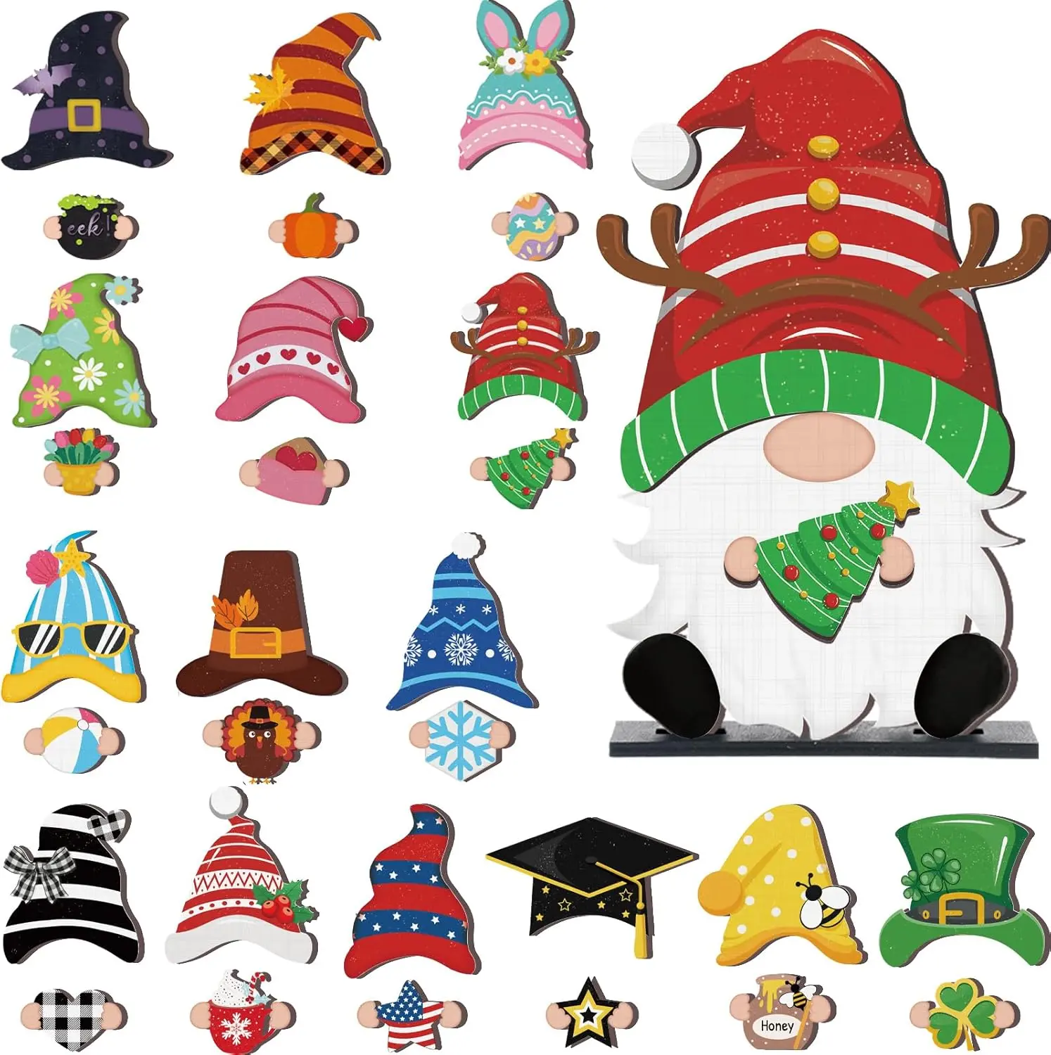 32 Pcs Christmas Interchangeable Wooden Gnome Decor DIY Holiday Christmas Seasonal Tiered Tray Decoration Gnomes with Magnet Pieces Welcome Sign for Xmas Holiday Decorations.