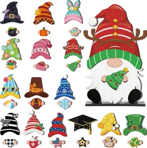 32 Pcs Christmas Interchangeable Wooden Gnome Decor DIY Holiday Christmas Seasonal Tiered Tray Decoration Gnomes with Magnet Pieces Welcome Sign for Xmas Holiday Decorations.