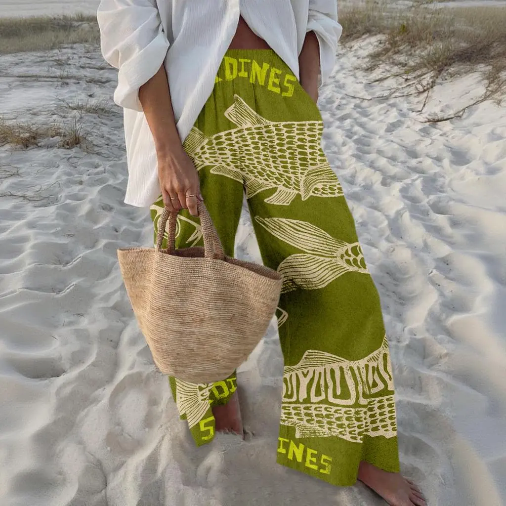 Women's Retro Nautical-Style Sardine Print Wide-Leg Pants with Contrasting Painted Loose and Comfortable, They Exude a Literary and Vacation Vibe, Easily Creating a Casual Summer Look beach vibe pants #Spring Bottom Girls pants