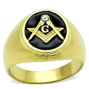 Men's Masonic Lodge Free Mason Ring in 14kt Yellow Gold Plated Stainless Steel