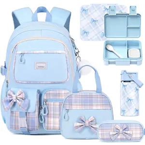 SIMILOVE 4/5PCS Backpack Set for School, Cute Bow School Bags for Kids with Lunch Bag & Pen Case, Lunch Box/Bottle/Headphones, Bookbag for Girls Children Teens Elementary Middle Student  Organiser