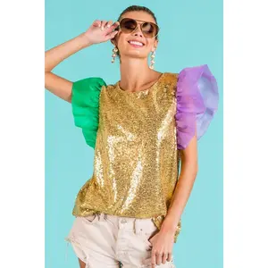 Mardi Gras Color Block Sequin Top Organza Sleeve