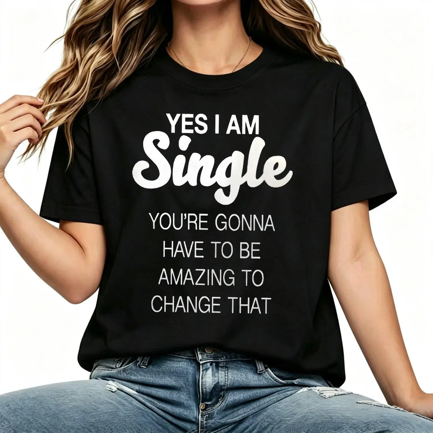 YES I AM SINGLE Black Print Women T Shirt Casual Tee Top with Single Quote Graphic Design and Contemporary Style