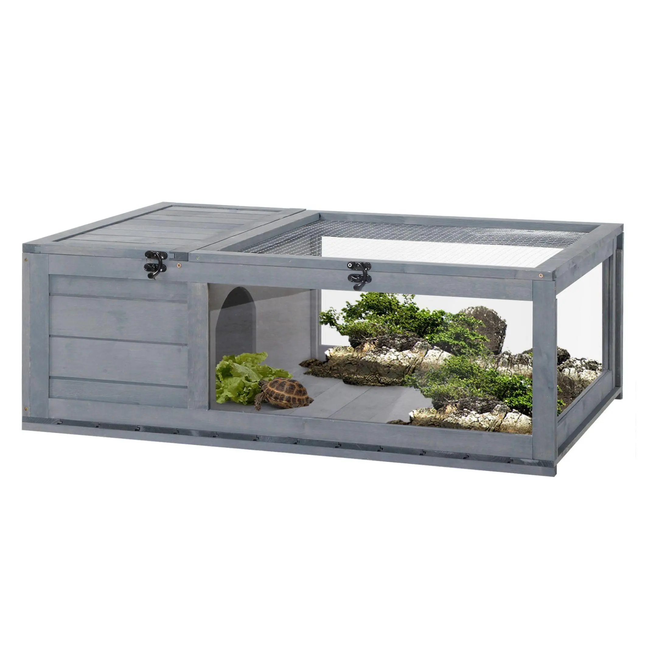 Gray Cedar Wood Tortoise Enclosure - Wood Frame Reptile Habitat with Expandable Sides, Ventilation, Secure Sleep Space, Indoor-Outdoor Use for Turtles, Bearded Dragons