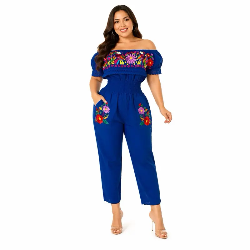 Campesino Embroidered Jumper Off-the-Shoulder Jumpsuit Floral Design Women's 100% Cotton Elastic Waist Pockets Black Pink Beige Blue Romper Everyday Fashion Bohemian Style