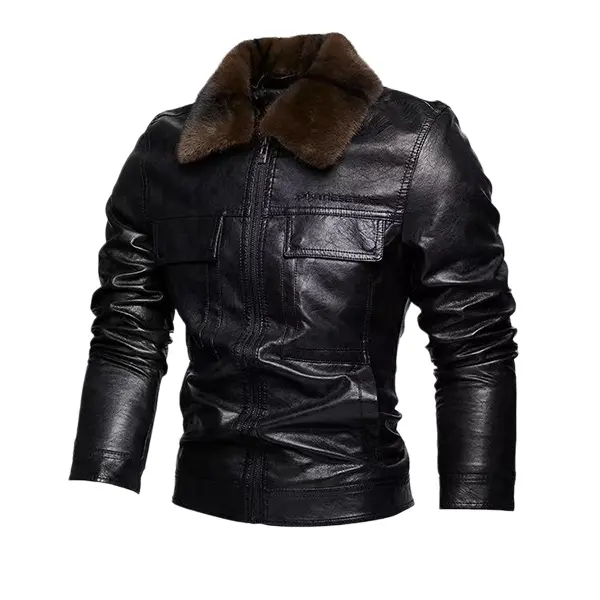 Men's Faux Fur Collar Leather Jacket, Vintage Biker Bomber Coat, Streetwear Loose-Fit Motorcycle Outerwear, Casual Autumn and Winter Long-Sleeve Leather Zip-Up Jacket with Pockets