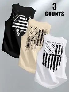 Men's Tactical Vest Set, Vintage American Flag Graphic Tee, Round Neck Sleeveless Top, Military Enthusiasts Choice, Casual Fitted Style