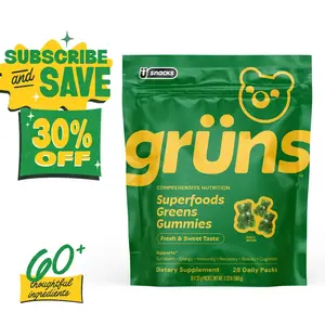 Grüns Superfood Greens Gummies, 60+ Whole Food Ingredients Vitamin Mineral Supplement, Prebiotics for Digestive Health, Adaptogens Chlorophyll Chlorella Fruit Veggie Blend, Gluten Free Vegan Third Party Tested, Daily Wellness Chews Dietary Natural