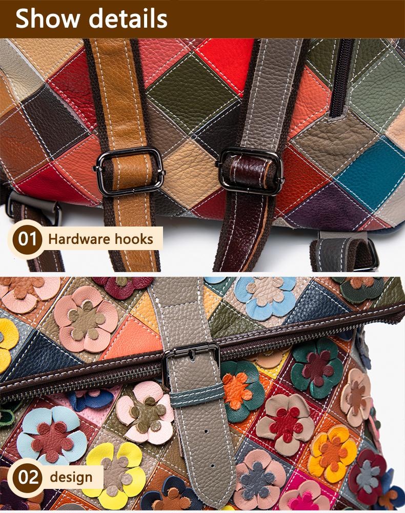 Women's Vintage Patchwork Backpack with 3D Flower Applique and Adjustable Straps