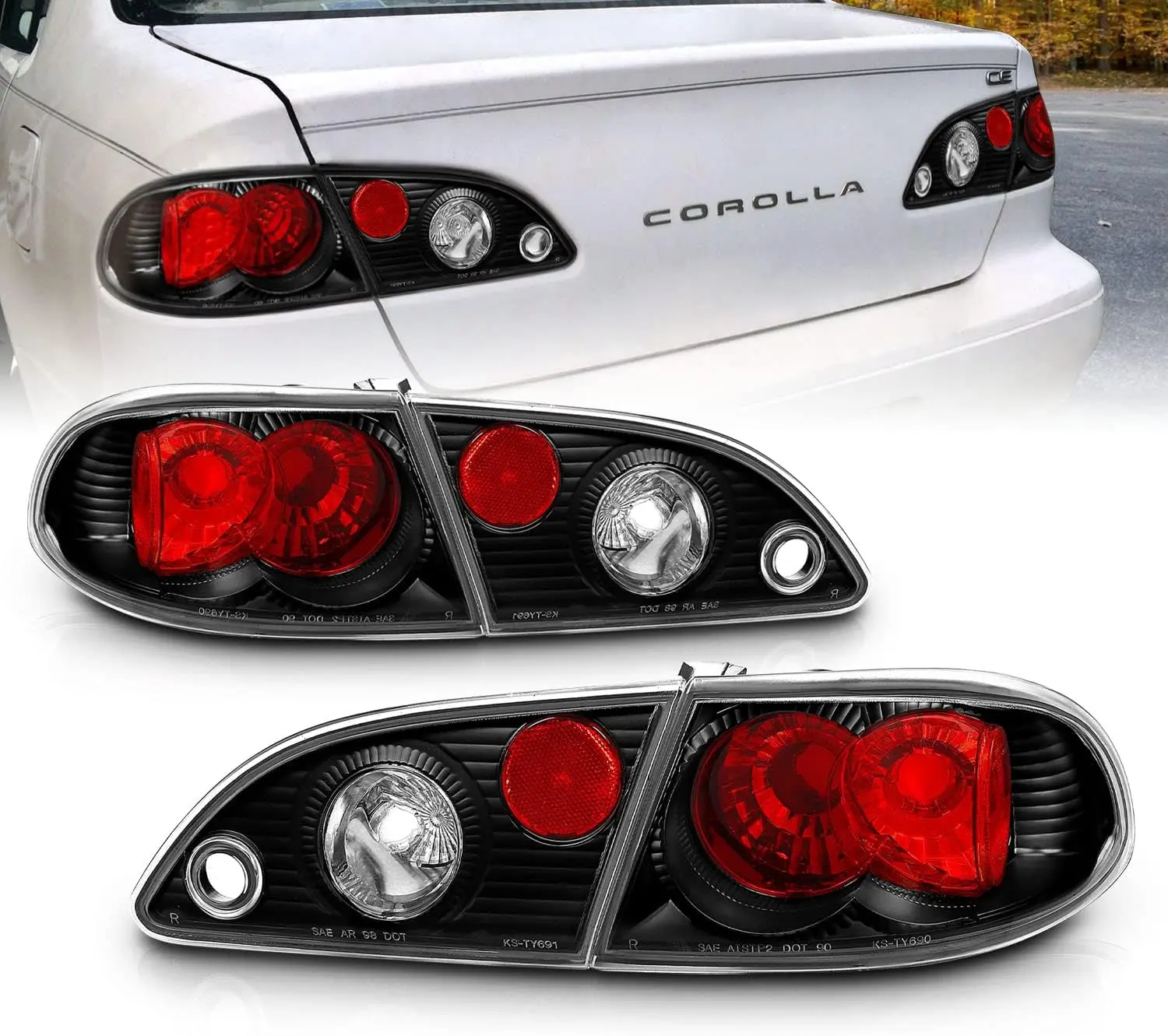 AmeriLite Black, Replacement Brake Taillights Set For 98-02 Toyota Corolla - Passenger and Driver Side