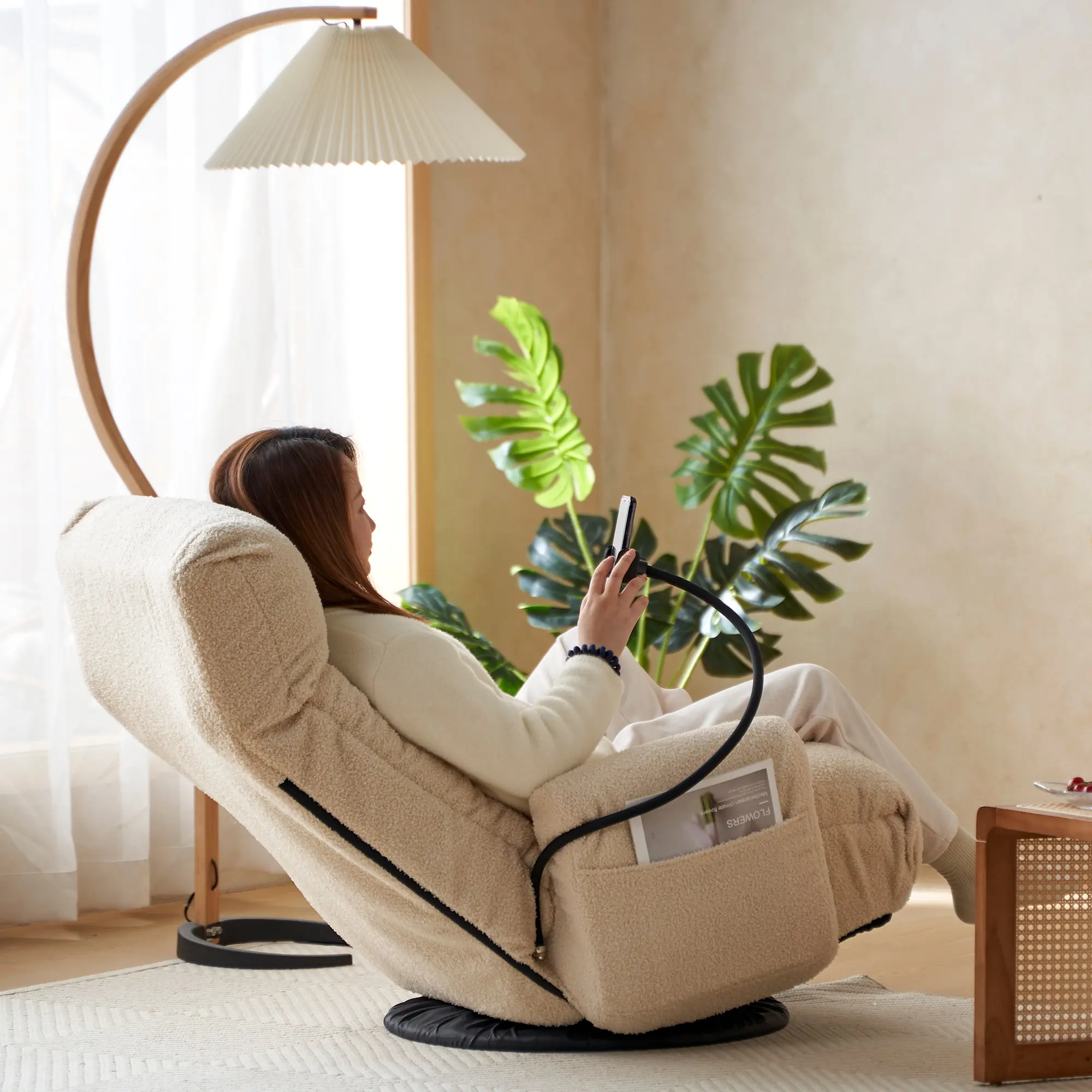 Modern Compact Single-Person Swivel Recliner Lounge Chair - 5-Angle Adjustable Backrest, Integrated Phone Stand, High-Elastic Spring Seat, Cotton Filling, Metal Frame Foldable Lazy Sofa for Living Room Relaxation